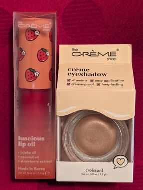 Cream Eyeshadow Shade Croissant and Strawberry Luscious Lip Oil The Crème Shop